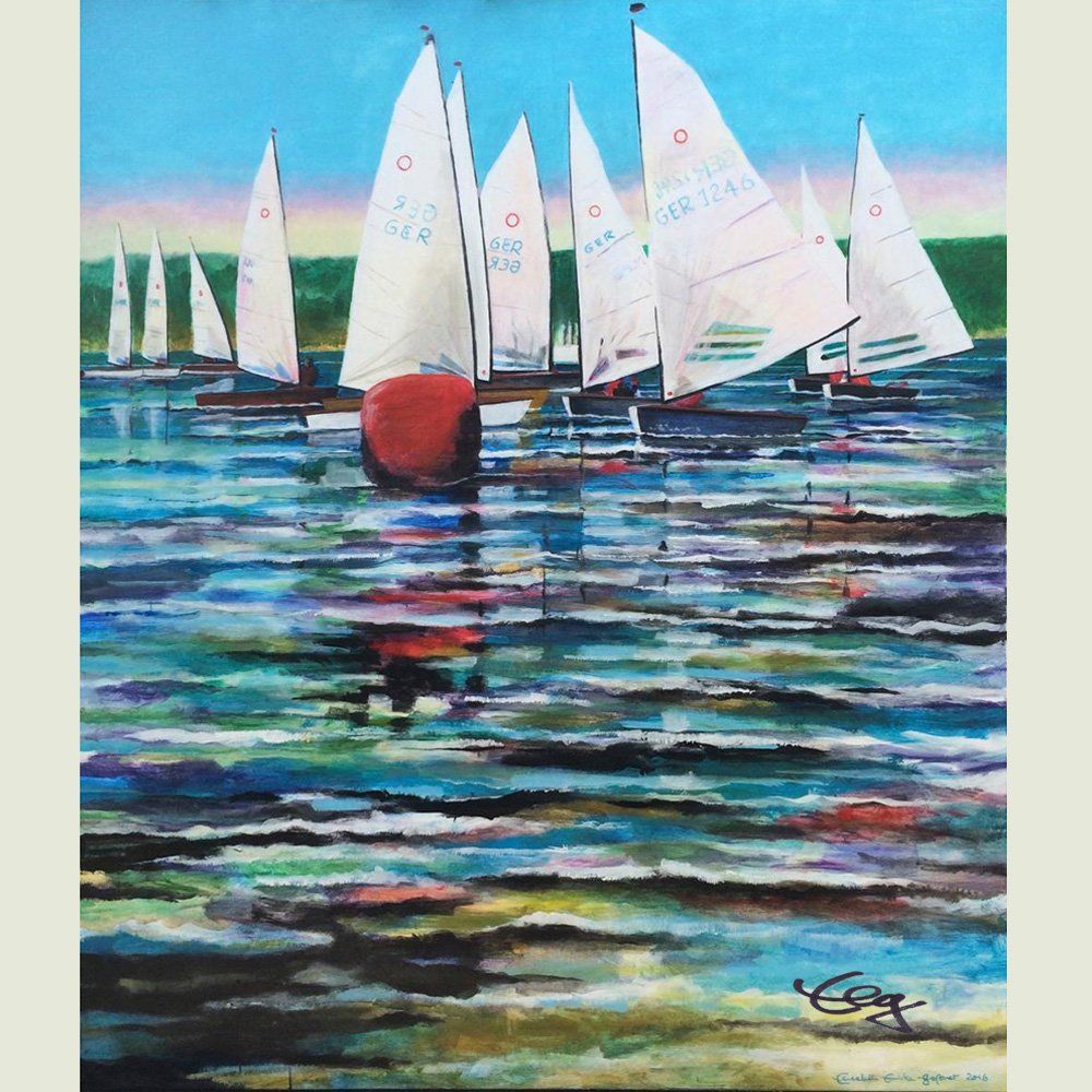 Bild, Wasser, Segeln, Schiff, Boot, O-Jolle, Wellen, Licht, Lust, Boje, Regatta, Acryl, Leinwand